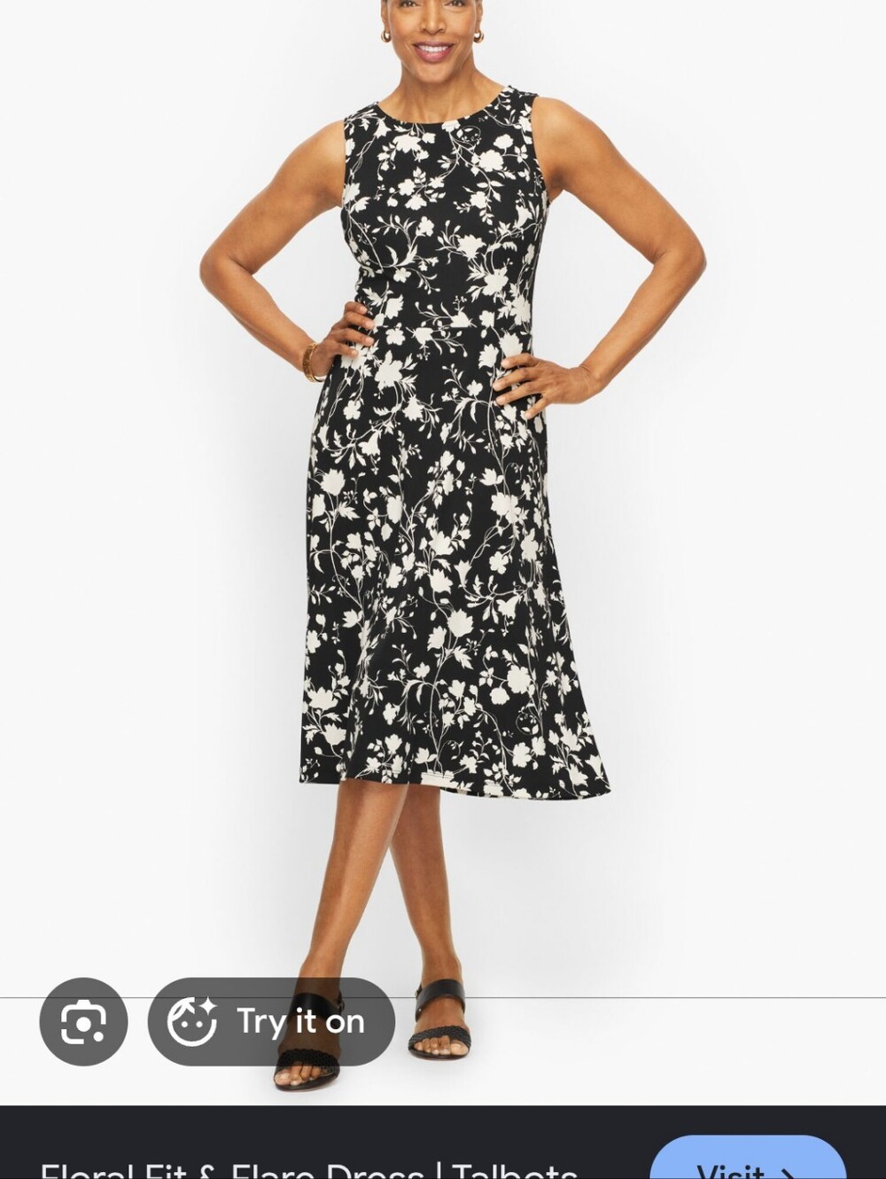 TALBOTS Floral Fit And Flare Dress - Black/White Size Small Petite